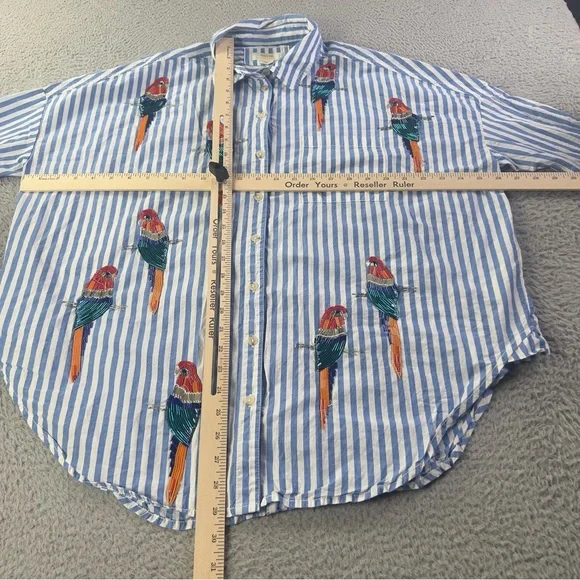 Maeve Parrot Button Down Shirt Womens XS / S Blue White Striped Sequin Oversized - Picture 6 of 9